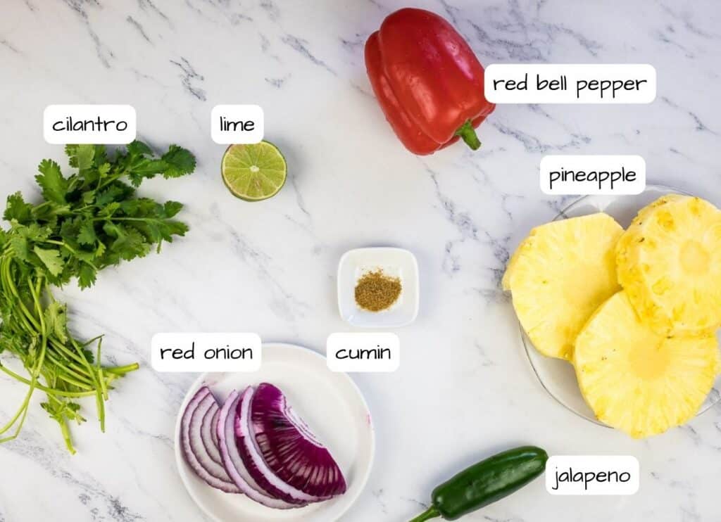Labeled ingredients for the pineapple salsa.