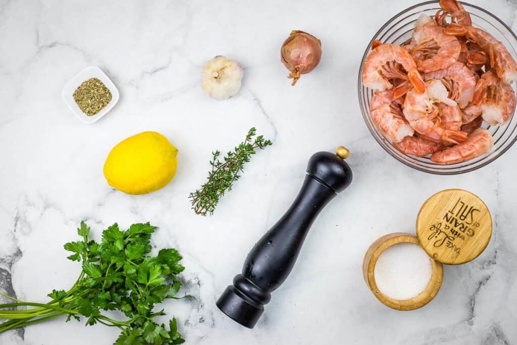 Ingredients to make Mediterranean Grilled Shrimp.