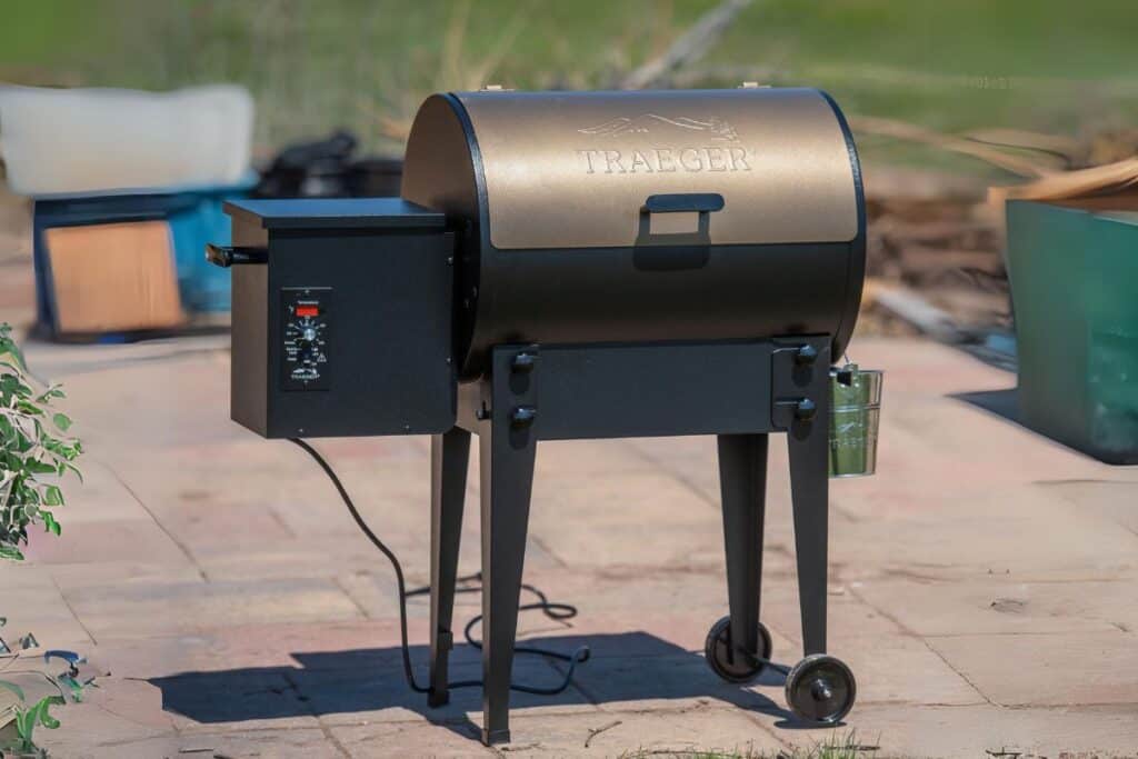 A pellet grill outside.