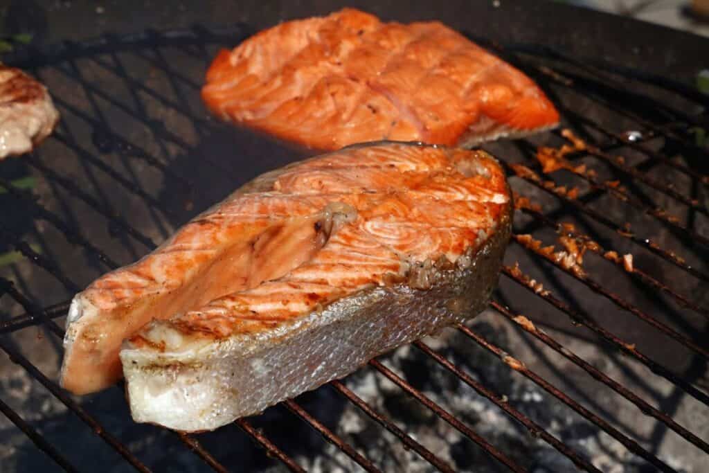 Close-up cooking salmon fish steak and fillet on BBQ grill grate.