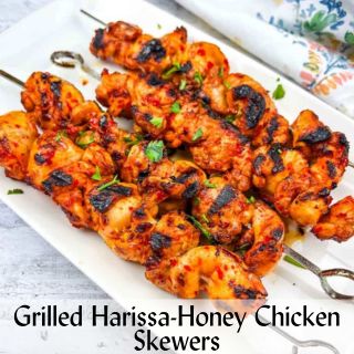 Square image of Sweet & Spicy Grilled Harissa-Honey Chicken Skewers.