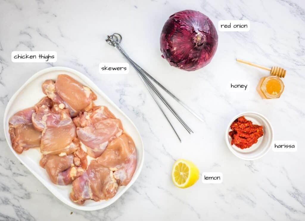 Grilled Harissa-Honey Chicken Skewers ingredients with labels.