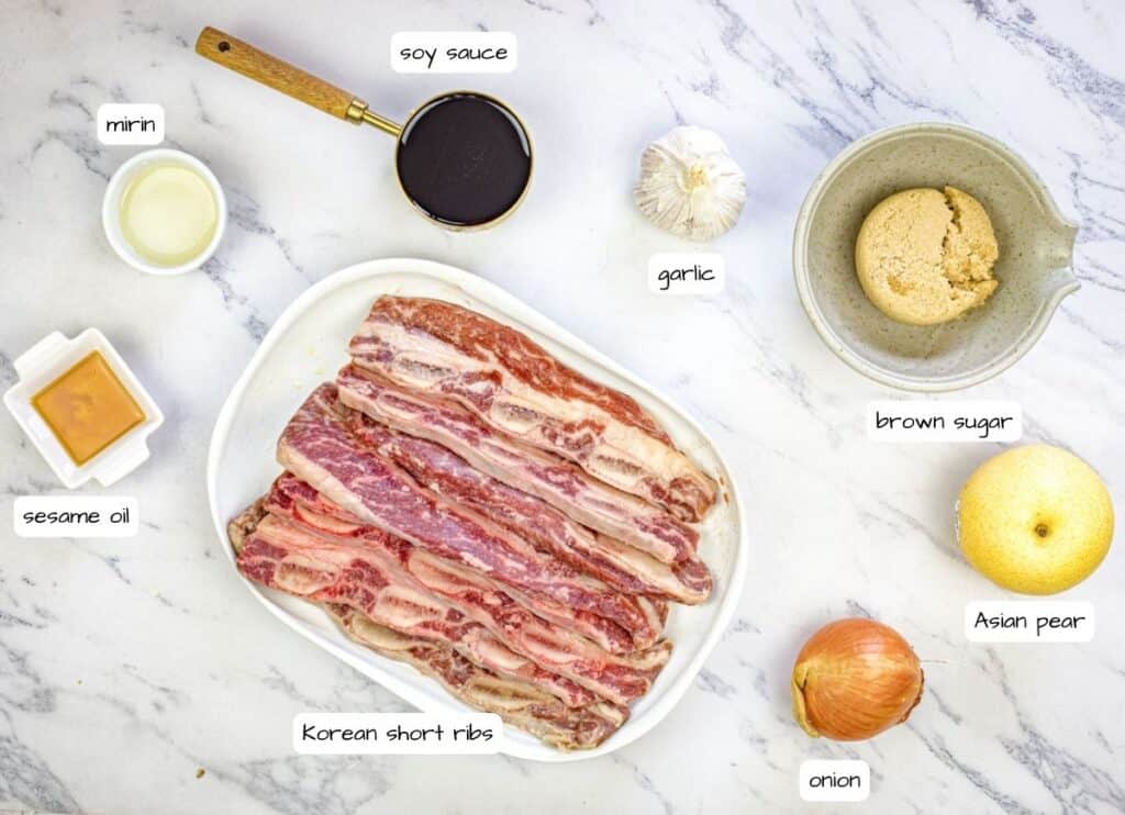 Ingredients with labels for Korean galbi ribs.