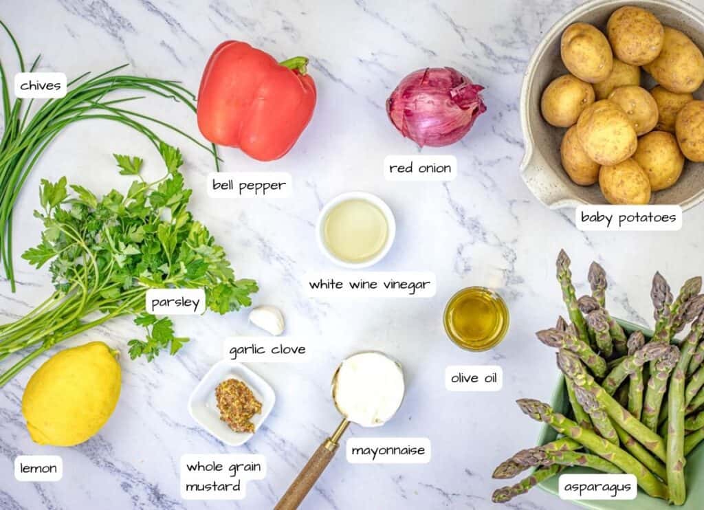 Ingredients with labels for Grilled Asparagus and Potato Salad.