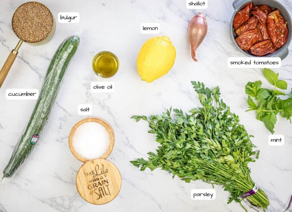 Tabouli Salad with Smoked Tomatoes ingredients with a label.