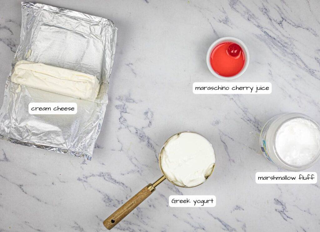 Grilled Fruit Skewers with Cherry Dip ingredients with labels.