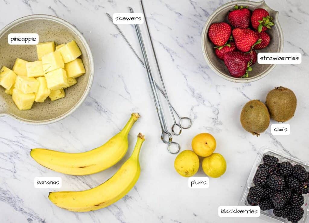 Grilled Fruit Skewers with Cherry Dip ingredients with labels.