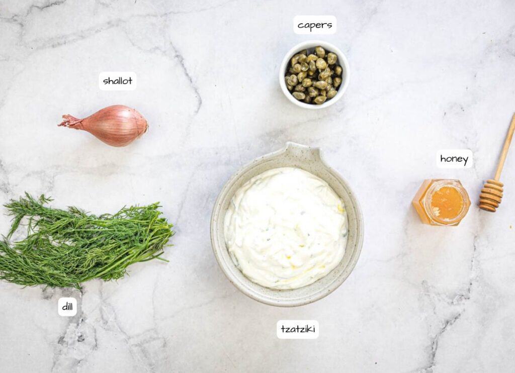 Pork Souvlaki ingredients for sauce with labels.