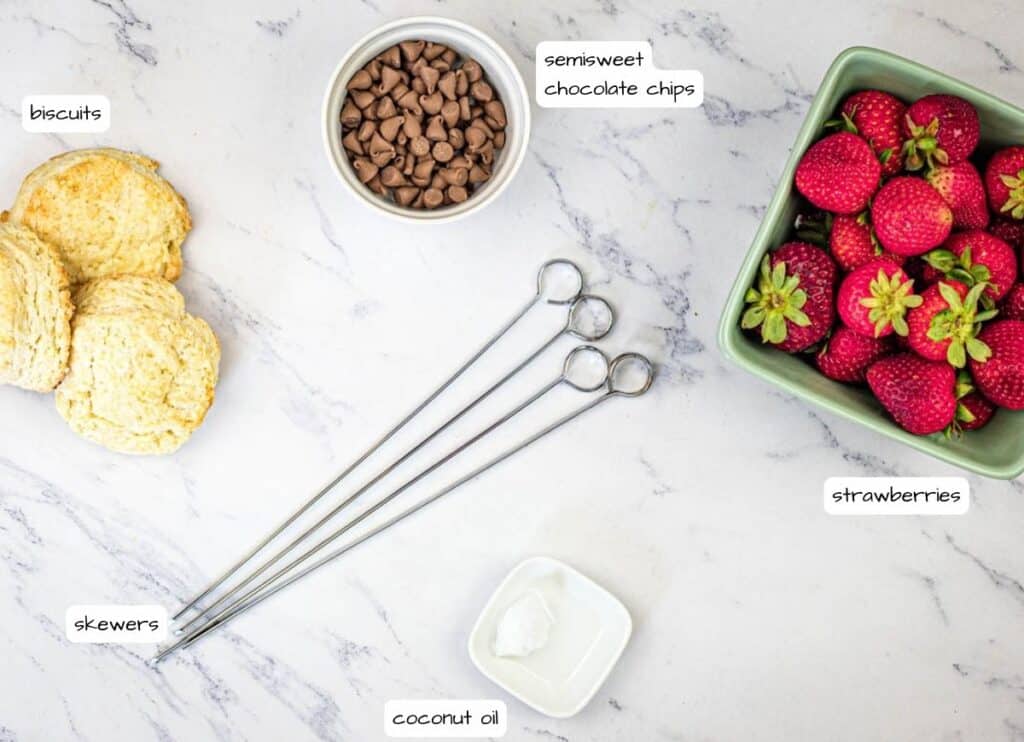 Grilled Strawberry Shortcake Skewers ingredients with labels.