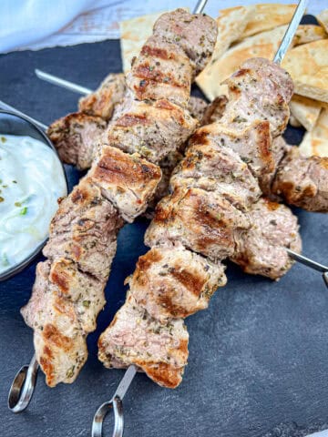 Ninja Woodfire Pork Souvlaki on a plate.