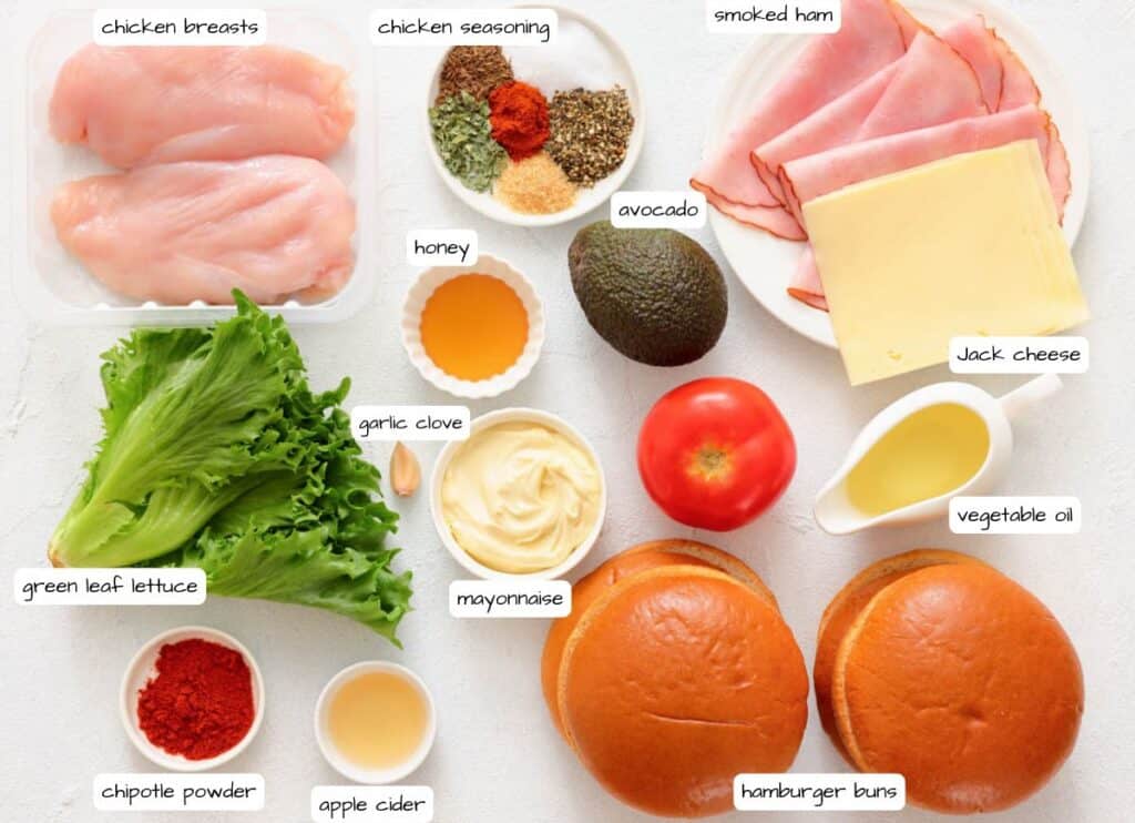 Grilled California Chicken Burger ingredients with labels.
