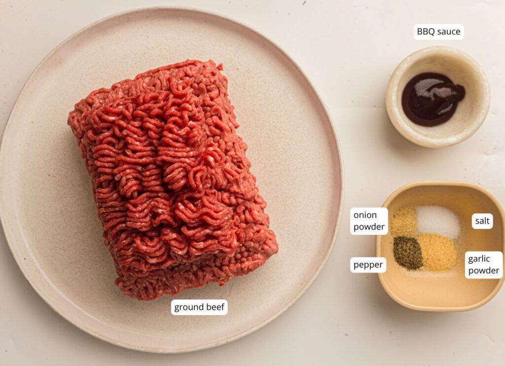 Grilled Beef Burgers ingredients with labels.