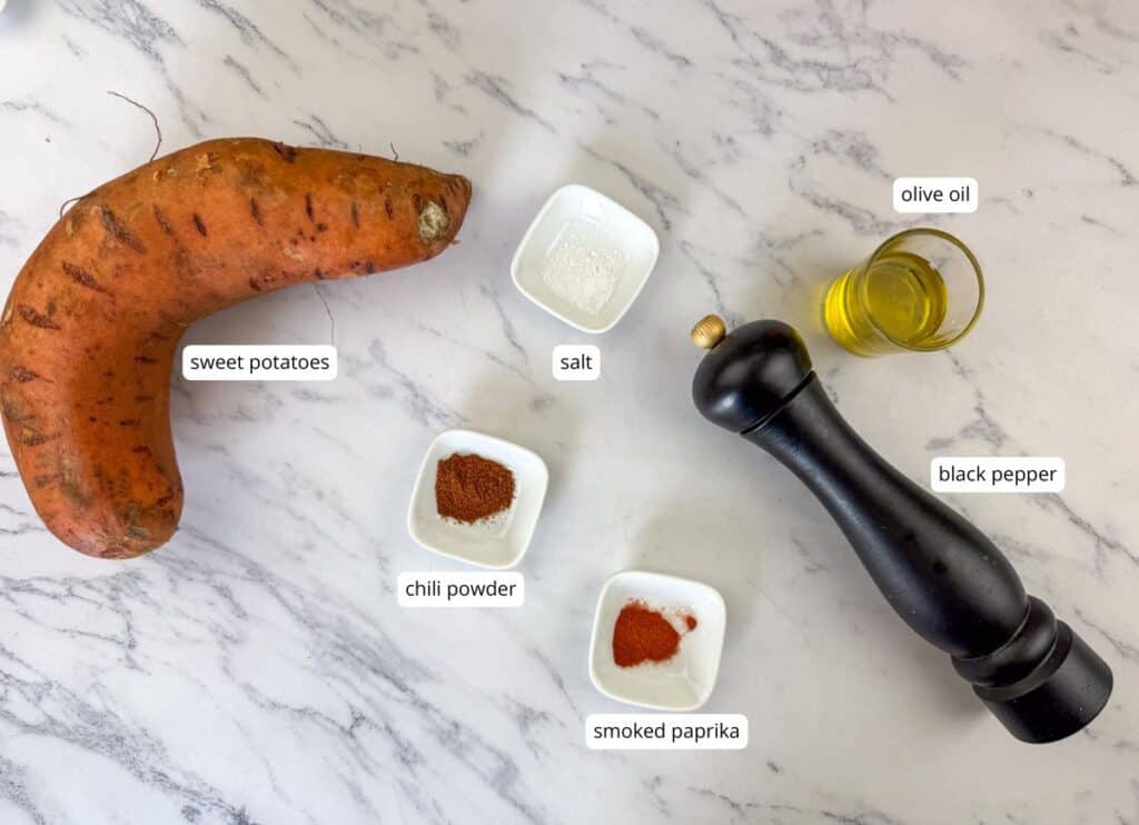 Grilled Sweet Potatoes with Cilantro-Lime Yogurt Sauce ingredients with labels.